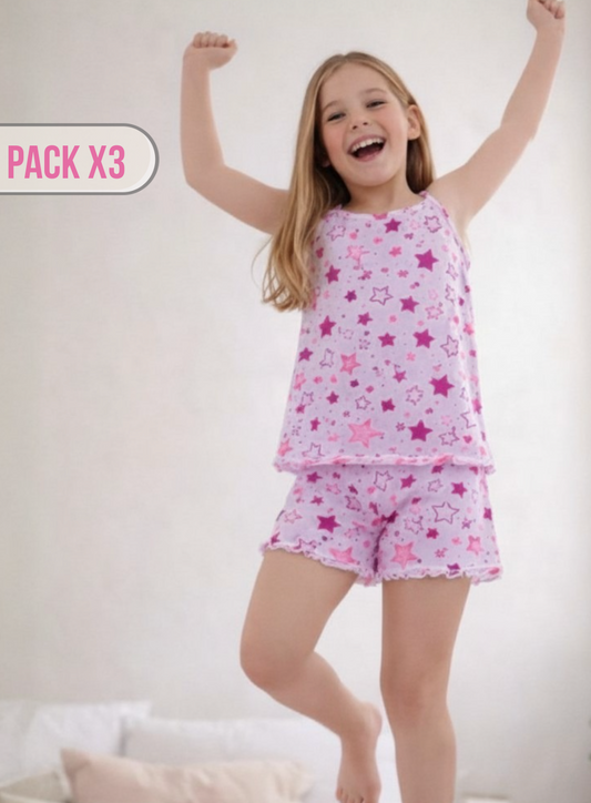 Pijamás infantiles para niña short Julieta Pack x3 económicas Colombia Vestiganga
