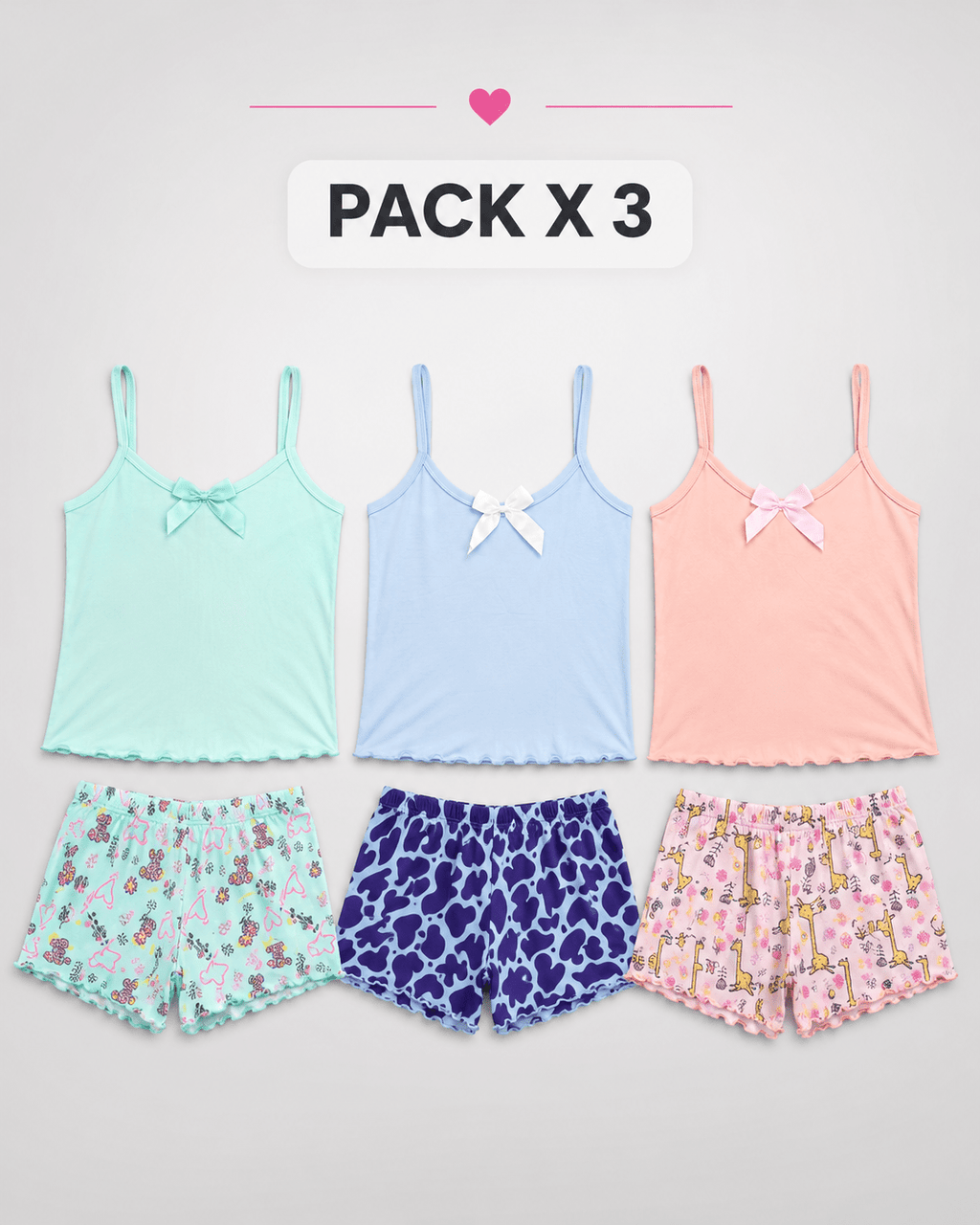 Pijama Dama Sol | Pack X3 | Tallada | Short Estampado | - Vestiganga