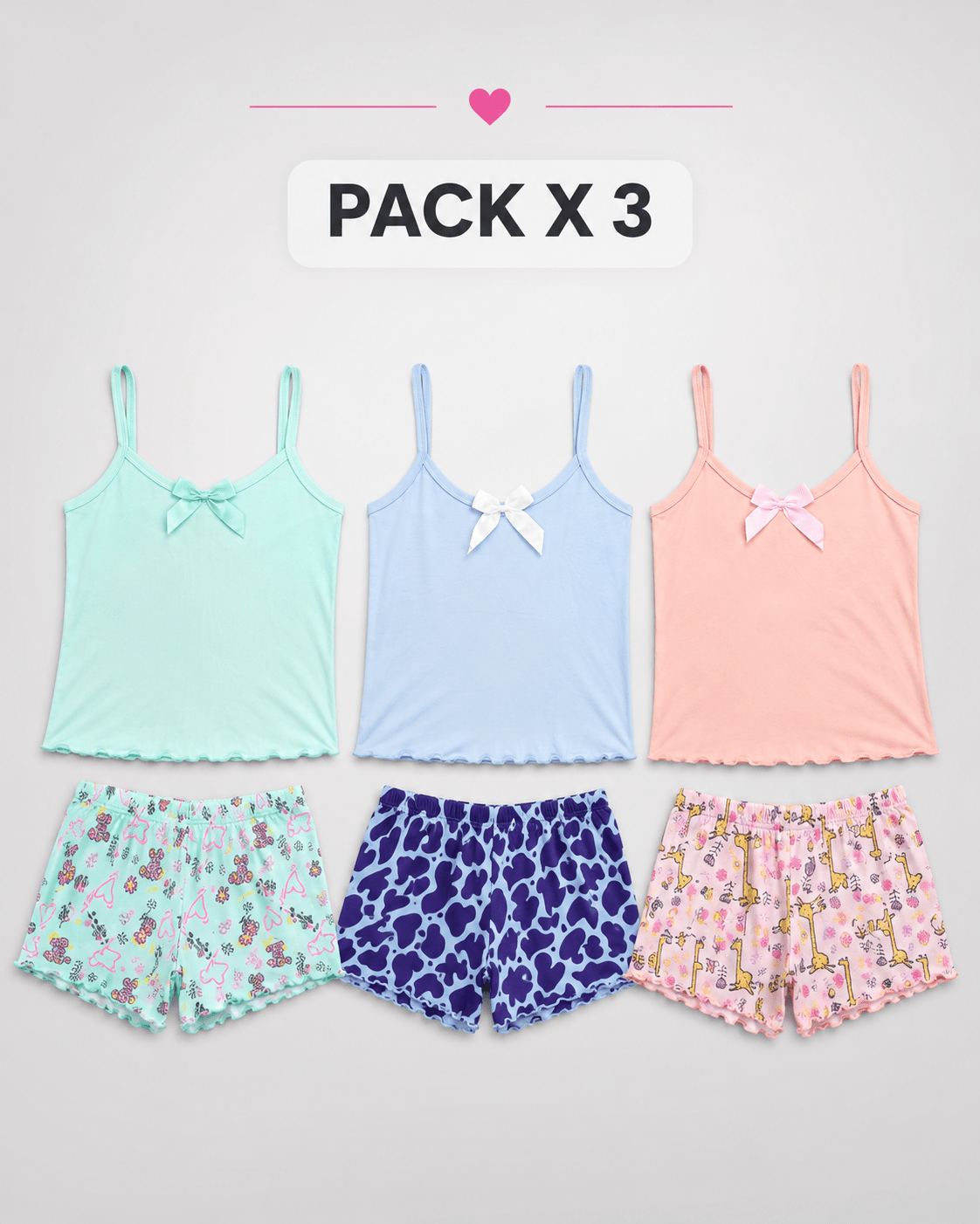Pijama Dama Sol | Pack X3 | Tallada | Short Estampado | - Vestiganga