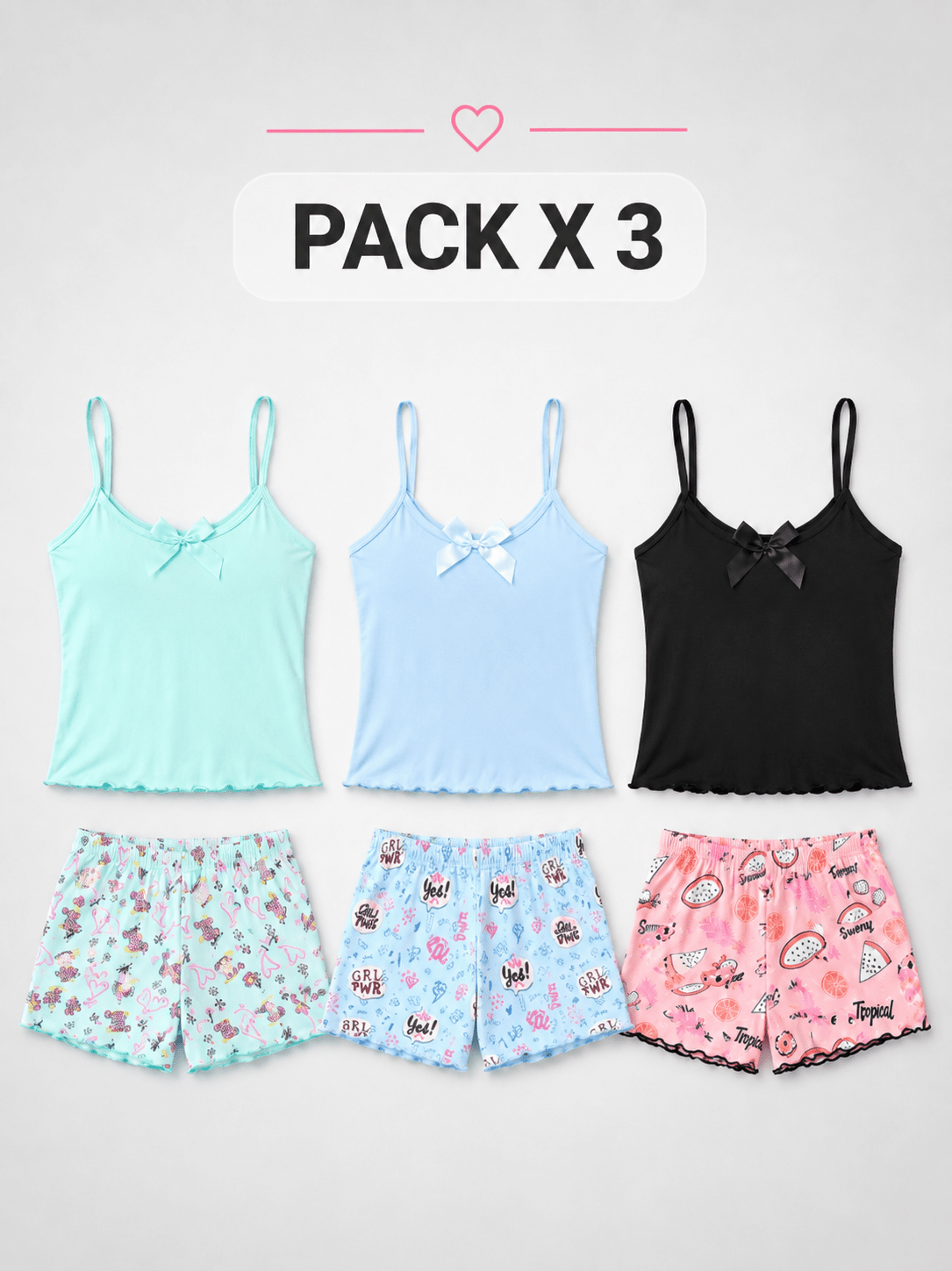 Pijama Dama Sol | Pack X3 | Tallada | Short Estampado | - Vestiganga