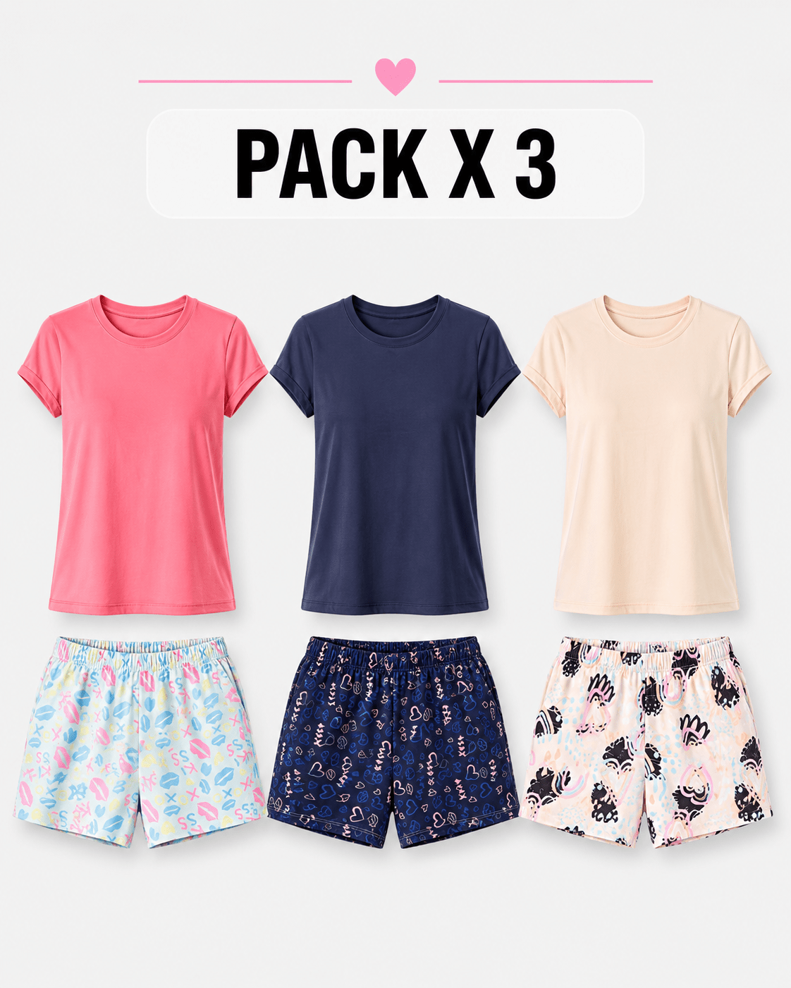 Pijama para Mujer - Angela Pack X3, Tonos Rosado, Beige y Azul Oscuro - Vestiganga